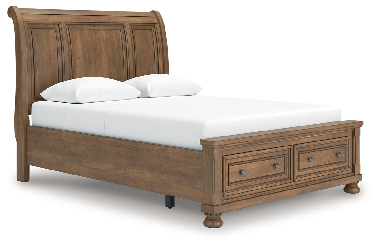 Feddinger Queen Storage Sleigh Bed with Mirrored Dresser, Chest and 2 Nightstands in Medium Brown from Ashley - Luna Furniture