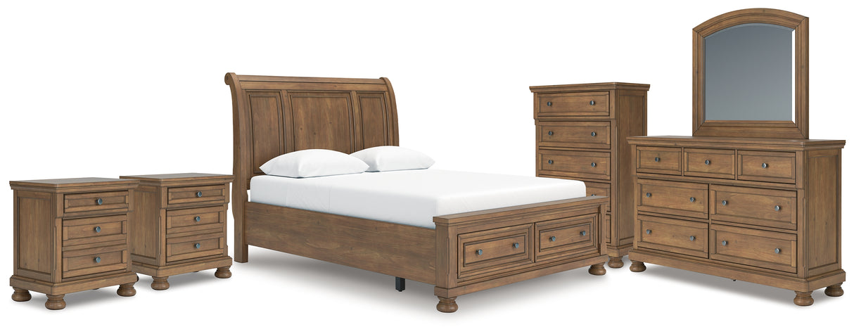 Feddinger Queen Storage Sleigh Bed with Mirrored Dresser, Chest and 2 Nightstands in Medium Brown from Ashley - Luna Furniture