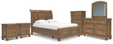 Feddinger Queen Storage Sleigh Bed with Mirrored Dresser, Chest and 2 Nightstands in Medium Brown from Ashley - Luna Furniture