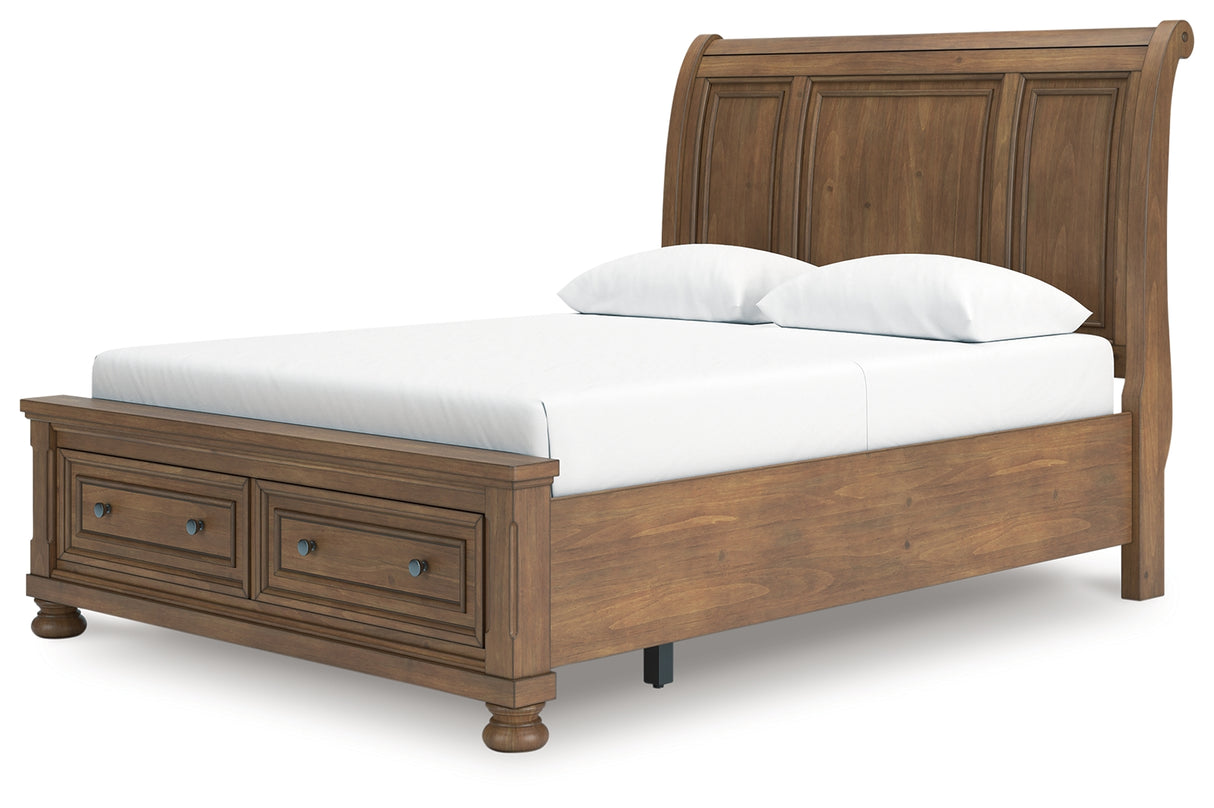 Feddinger Queen Storage Sleigh Bed with Mirrored Dresser, Chest and 2 Nightstands in Medium Brown from Ashley - Luna Furniture