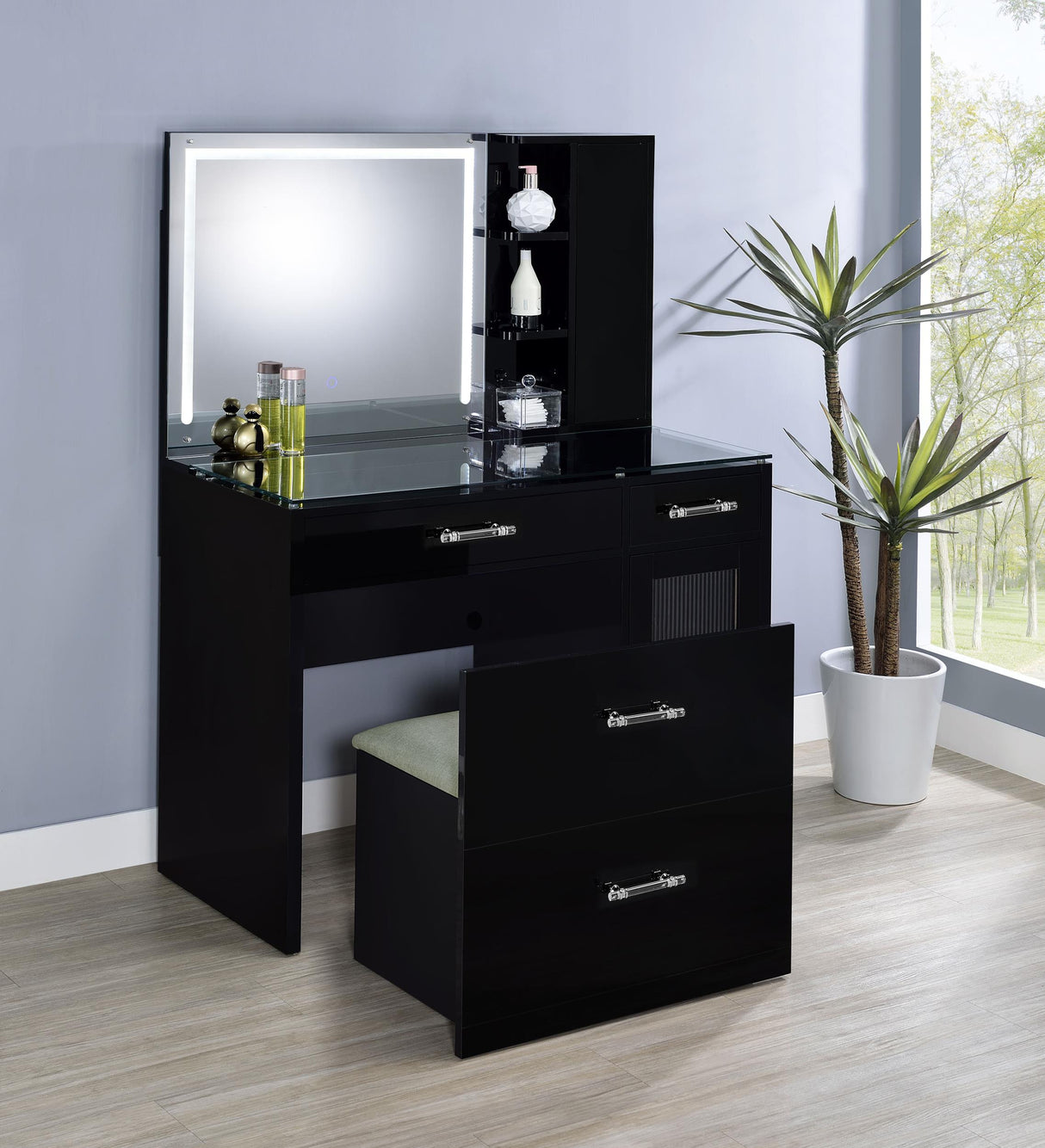 Flora 2-drawer Vanity Set with LED Mirror Black High Gloss from Coaster - Luna Furniture