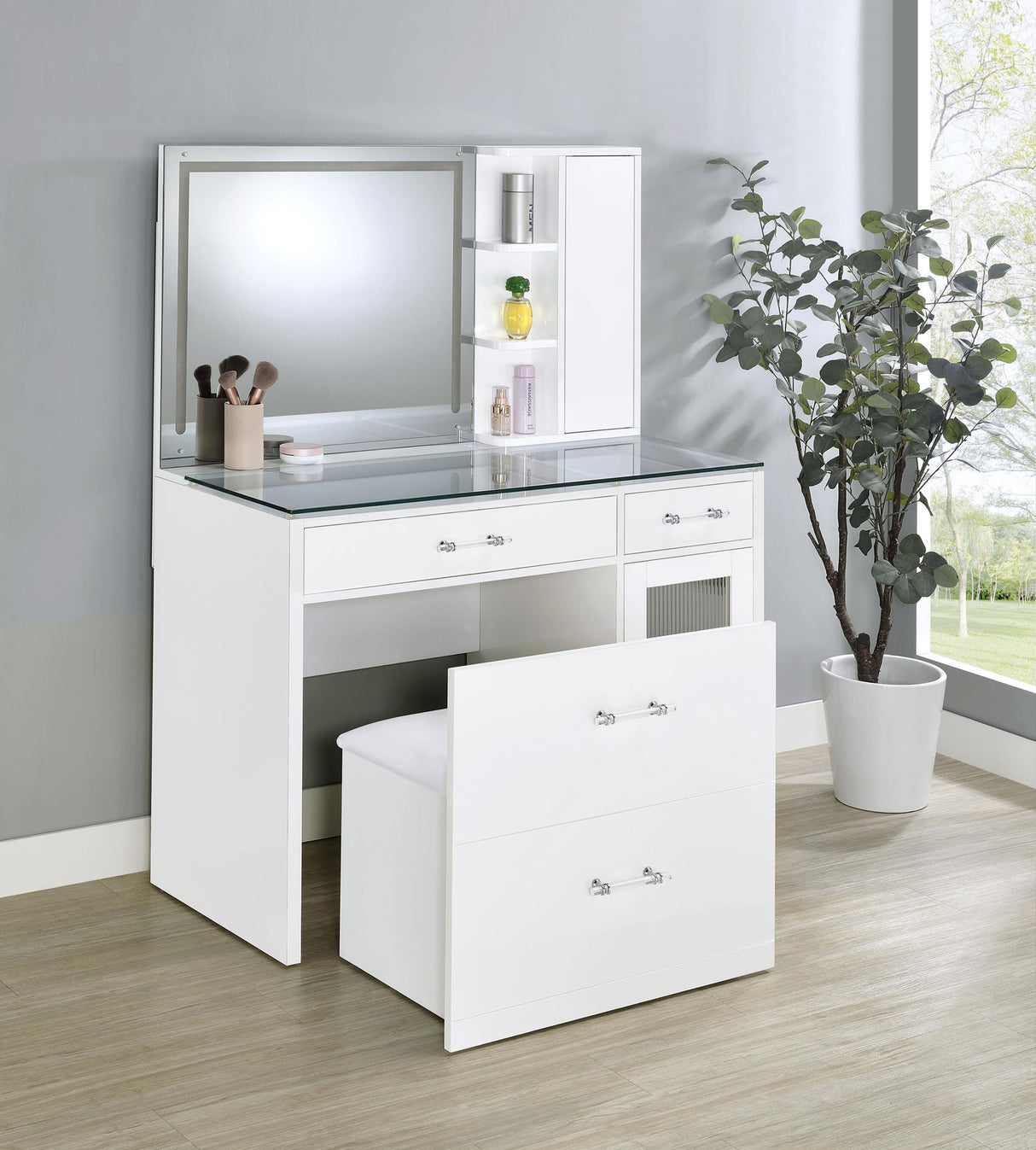 Flora 2-drawer Vanity Set with LED Mirror White High Gloss from Coaster - Luna Furniture