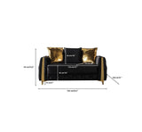 Florence Black loveseat dimension chart, black velvet with gold pillows, 64.5-inch width