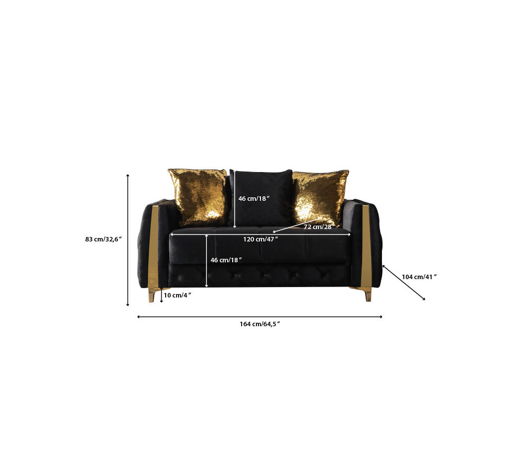 Florence Black loveseat sleeper, open mechanism with black velvet upholstery