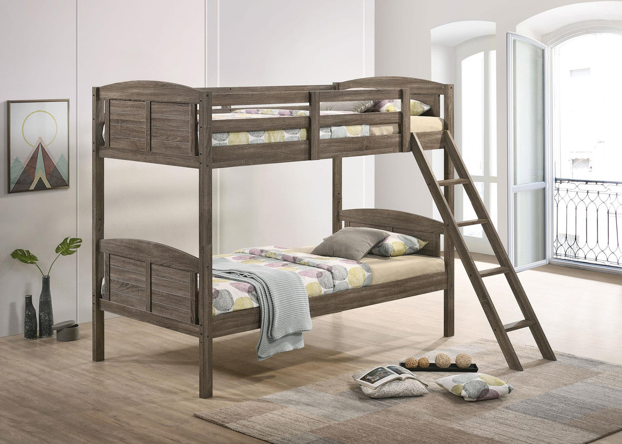 Flynn Weathered Brown Wood Twin over Twin Bunk Bed with Mattresses from Coaster - Luna Furniture