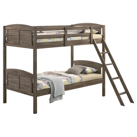 Flynn Weathered Brown Wood Twin over Twin Bunk Bed with Mattresses from Coaster - Luna Furniture