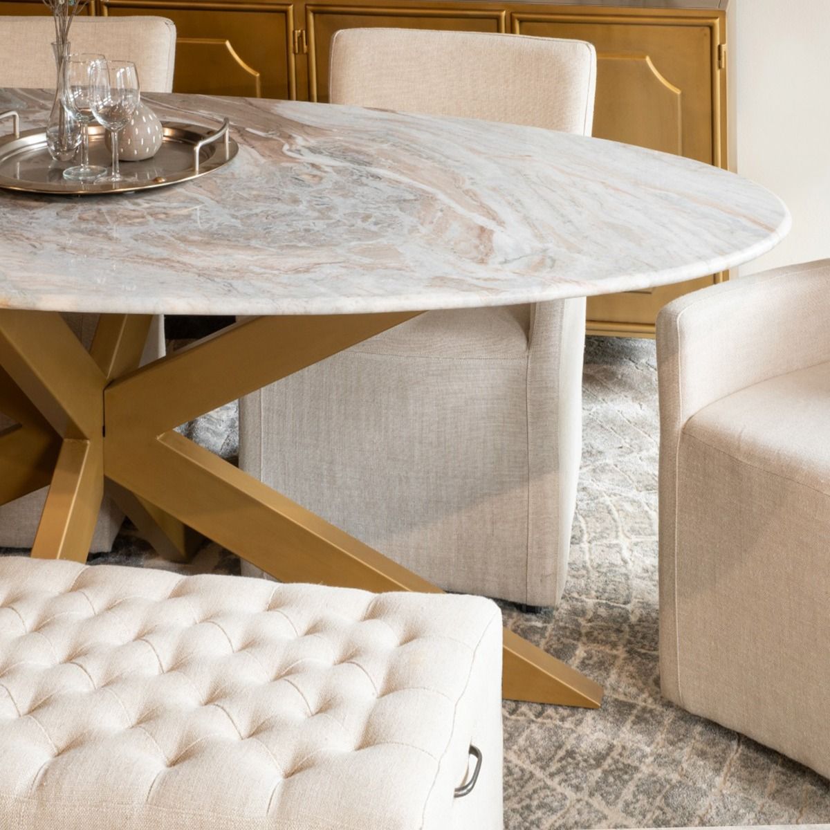 Malibu 90" Oval Dining Table in Sawar Marble with Antique Gold Base from Home Trends & Design - Luna Furniture