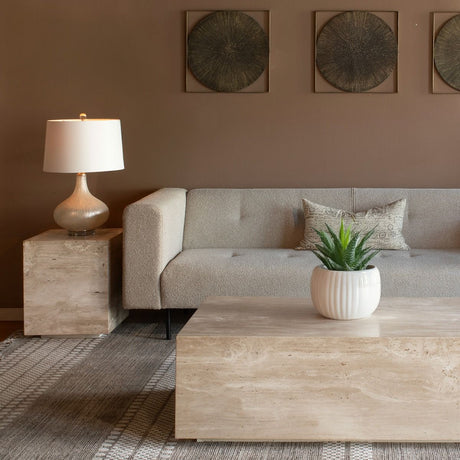 Nile 18" Drum Side Table in Travertine Stone from Home Trends & Design - Luna Furniture