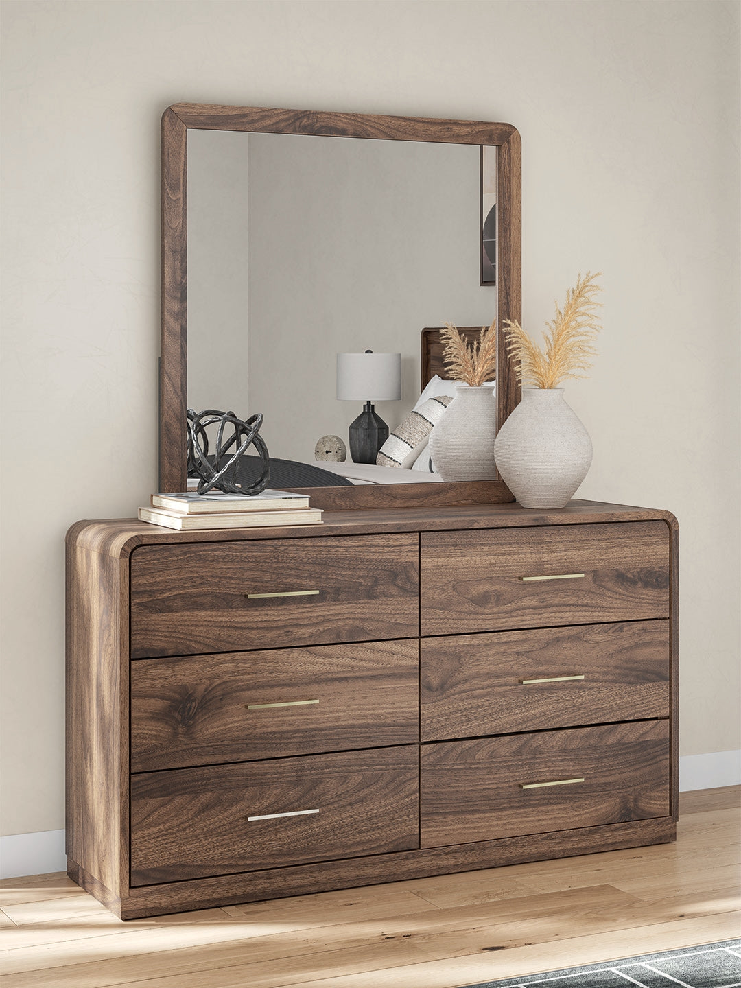 Fortlorn Walnut Brown Queen Panel Bed, Dresser, Mirror and Nightstand from Ashley - Luna Furniture