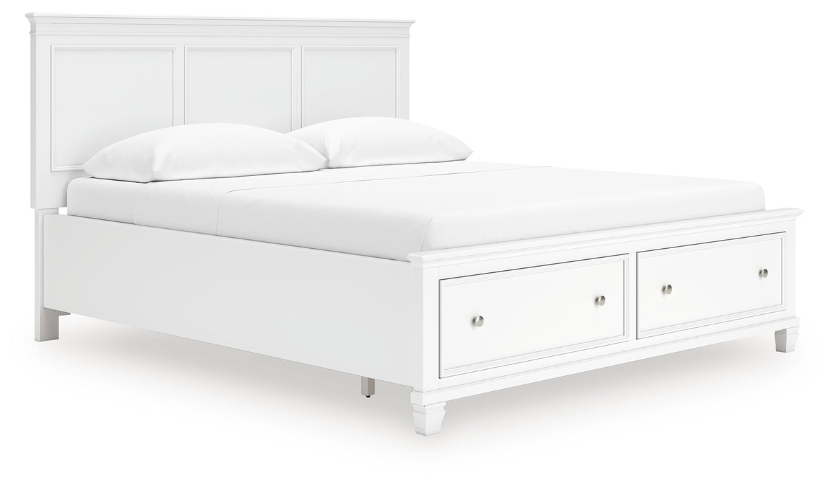 Fortman California King Panel Storage Bed with Mirrored Dresser and Nightstand in White from Ashley - Luna Furniture