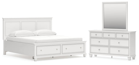 Fortman California King Panel Storage Bed with Mirrored Dresser in White from Ashley - Luna Furniture