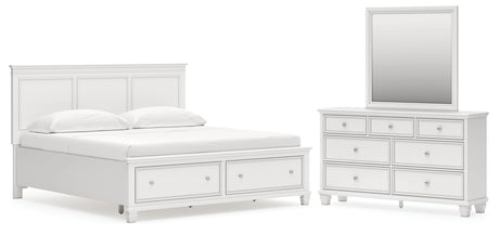 Fortman King Panel Storage Bed with Mirrored Dresser in White from Ashley - Luna Furniture