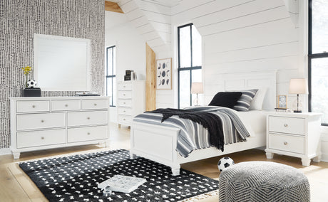 Fortman Twin Panel Bed with Mirrored Dresser and 2 Nightstands in White from Ashley - Luna Furniture