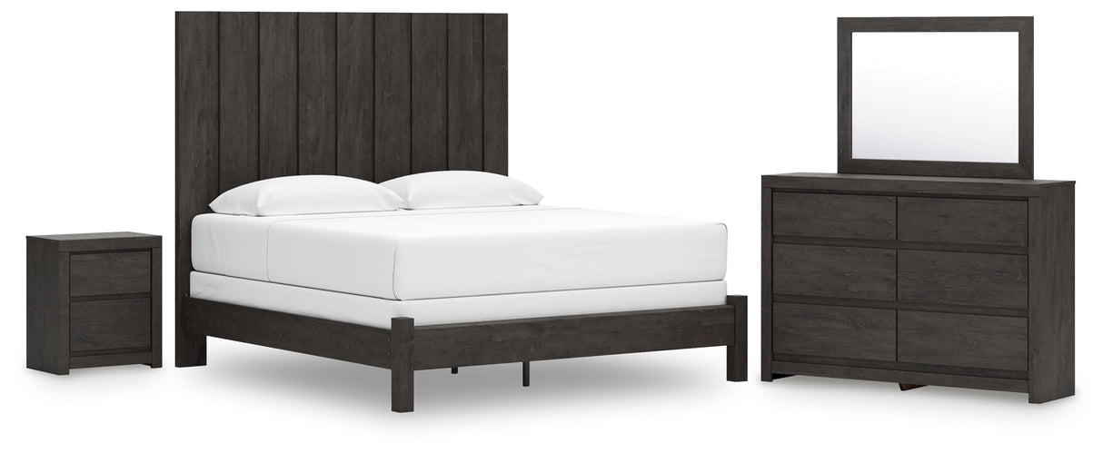 Fraluna King Panel Bed with Mirrored Dresser and Nightstand in Charcoal from Ashley - Luna Furniture