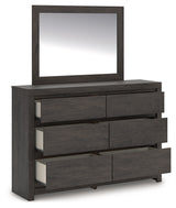 Fraluna King Panel Bed with Mirrored Dresser and Nightstand in Charcoal from Ashley - Luna Furniture