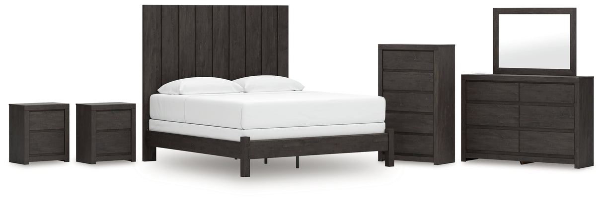 Fraluna King Panel Bed with Mirrored Dresser, Chest and 2 Nightstands in Charcoal from Ashley - Luna Furniture