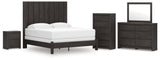 Fraluna King Panel Bed with Mirrored Dresser, Chest and Nightstand in Charcoal from Ashley - Luna Furniture