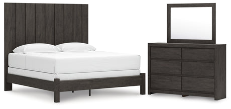 Fraluna King Panel Bed with Mirrored Dresser in Charcoal from Ashley - Luna Furniture
