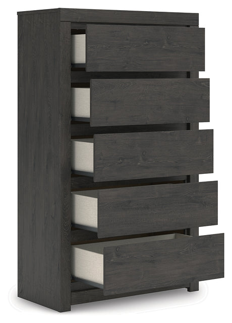 Fraluna King Panel Storage Bed with Mirrored Dresser and Chest in Charcoal from Ashley - Luna Furniture