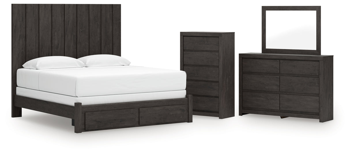 Fraluna King Panel Storage Bed with Mirrored Dresser and Chest in Charcoal from Ashley - Luna Furniture