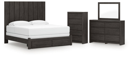 Fraluna King Panel Storage Bed with Mirrored Dresser and Chest in Charcoal from Ashley - Luna Furniture