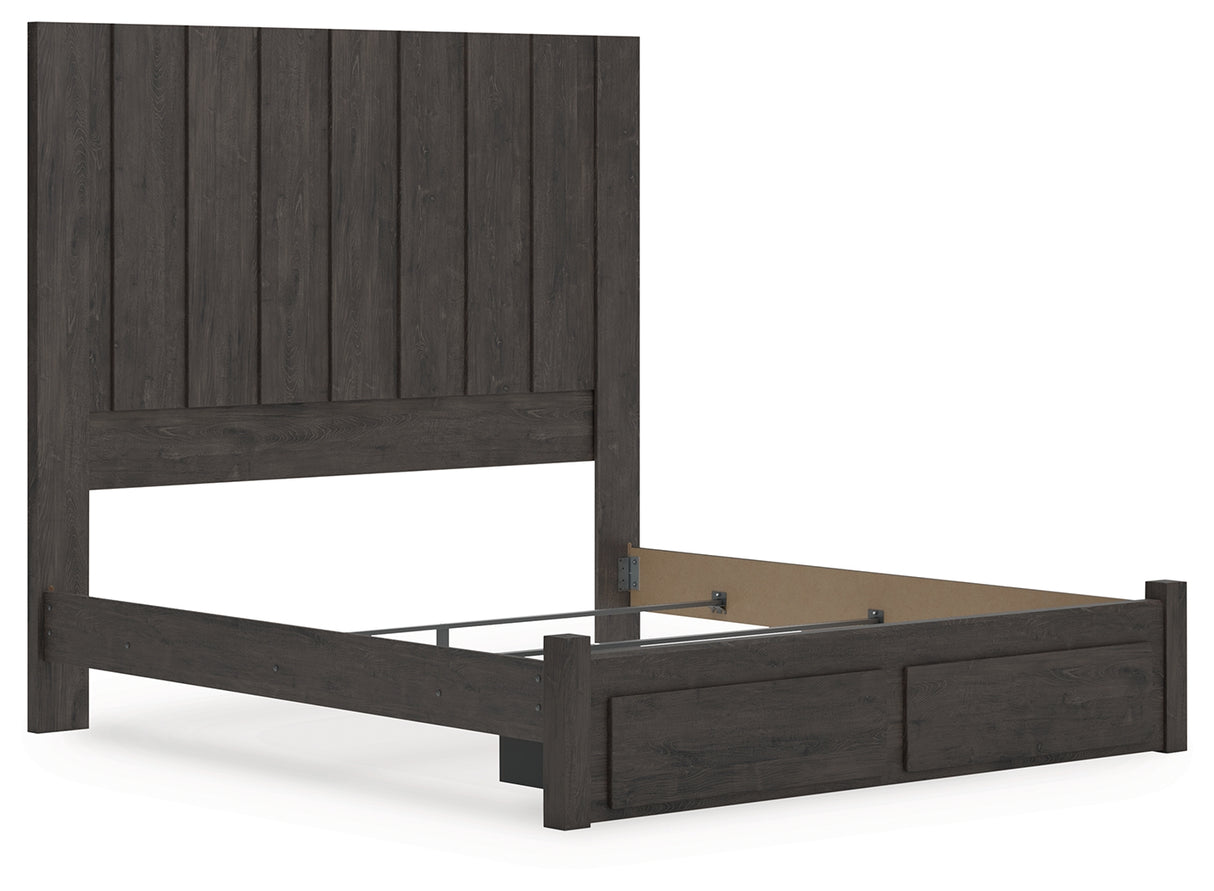 Fraluna King Panel Storage Bed with Mirrored Dresser and Nightstand in Charcoal from Ashley - Luna Furniture