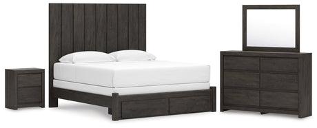 Fraluna King Panel Storage Bed with Mirrored Dresser and Nightstand in Charcoal from Ashley - Luna Furniture