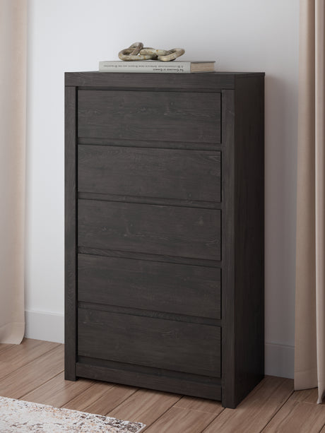 Fraluna King Panel Storage Bed with Mirrored Dresser, Chest and 2 Nightstands in Charcoal from Ashley - Luna Furniture