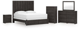 Fraluna King Panel Storage Bed with Mirrored Dresser, Chest and Nightstand in Charcoal from Ashley - Luna Furniture