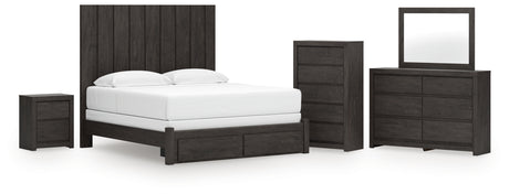 Fraluna King Panel Storage Bed with Mirrored Dresser, Chest and Nightstand in Charcoal from Ashley - Luna Furniture