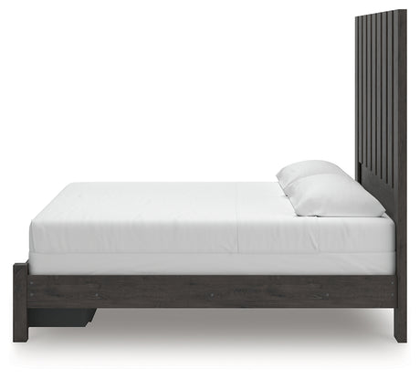 Fraluna King Panel Storage Bed with Mirrored Dresser, Chest and Nightstand in Charcoal from Ashley - Luna Furniture