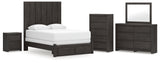 Fraluna Queen Panel Storage Bed with Mirrored Dresser, Chest and Nightstand in Charcoal from Ashley - Luna Furniture