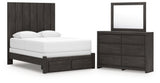 Fraluna Queen Panel Storage Bed with Mirrored Dresser in Charcoal from Ashley - Luna Furniture