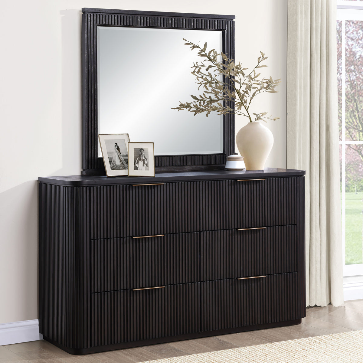 Henry 65″ 6-Drawer Reeded Dresser and Mirror, Espresso Finish from Steve Silver - Luna Furniture