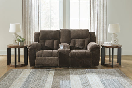 Frohn Chocolate Reclining Loveseat with Console from Ashley - Luna Furniture