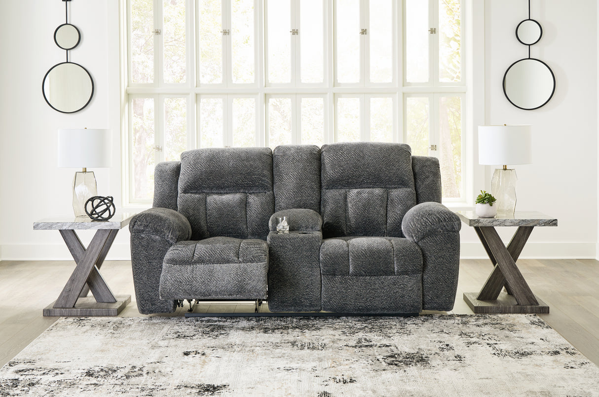 Frohn Graphite Reclining Loveseat with Console from Ashley - Luna Furniture