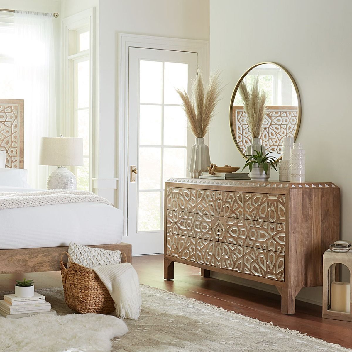 Tangiers 61" Six Drawer Dresser in Carved Natural White from Home Trends & Design - Luna Furniture