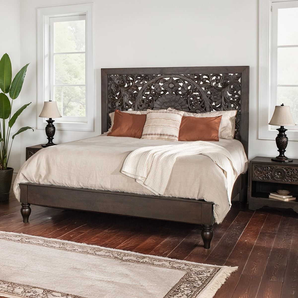 Taj King Bed in Hand Carved Vintage Brown from Home Trends & Design - Luna Furniture