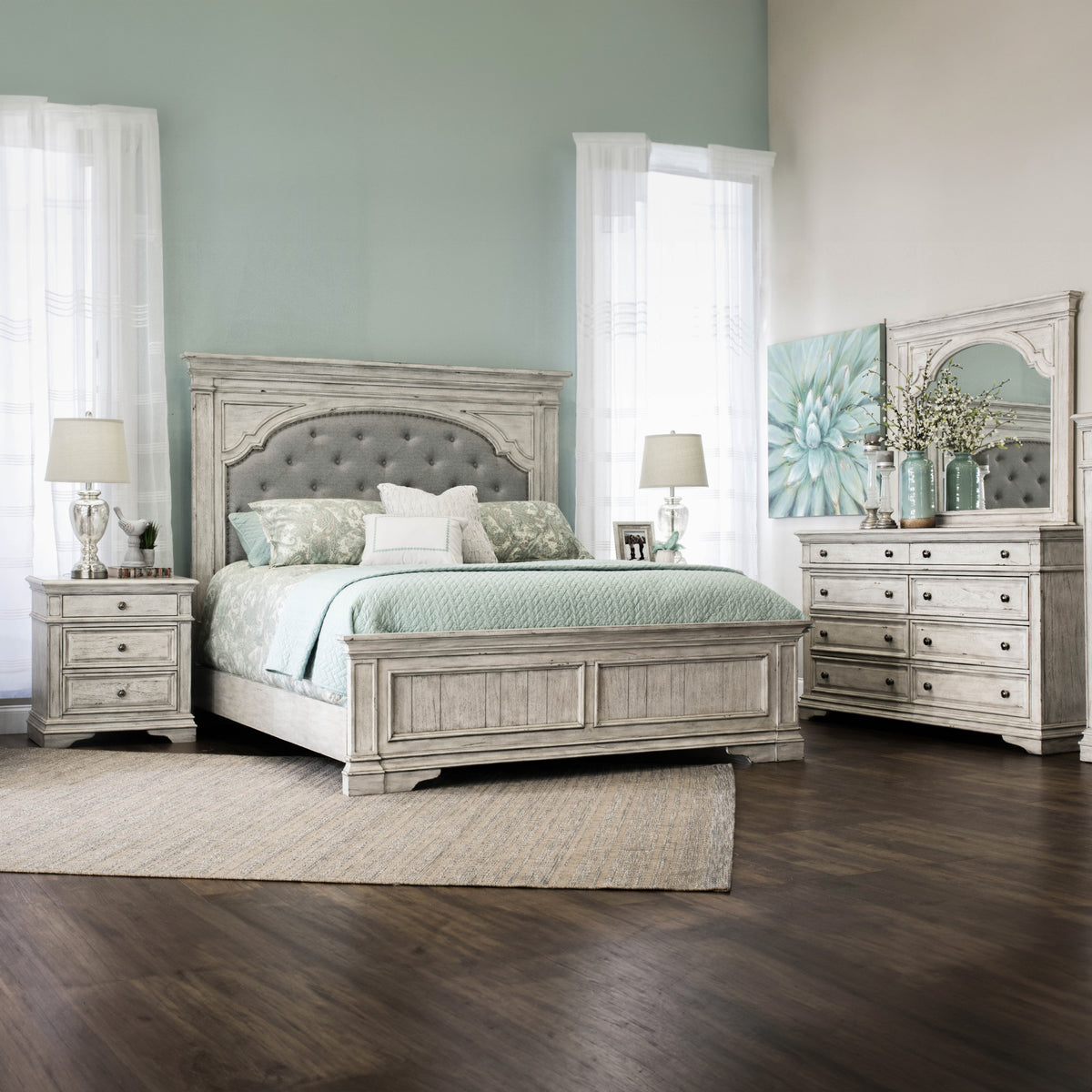 Highland Park Cathedral White 4-Piece Queen Bedroom Set (Queen Bed/DR/MR/NS) from Steve Silver - Luna Furniture