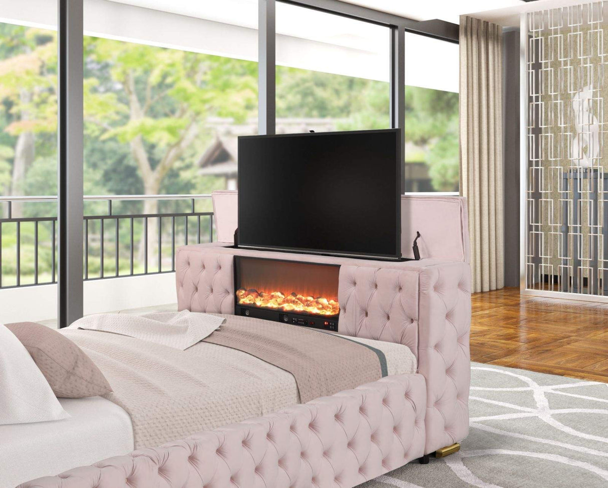 Future Pink Velvet King Platform Bed with Footboard TV Lift from Happy Homes - Luna Furniture