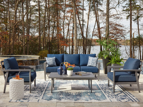 Gali Gray/Blue Outdoor Sofa/Chairs/Table Set (Set of 4) from Ashley - Luna Furniture