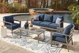Gali Gray/Blue Outdoor Sofa/Chairs/Table Set (Set of 4) from Ashley - Luna Furniture