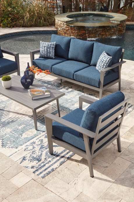 Gali Gray/Blue Outdoor Sofa/Chairs/Table Set (Set of 4) from Ashley - Luna Furniture