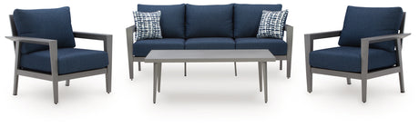 Gali Gray/Blue Outdoor Sofa/Chairs/Table Set (Set of 4) from Ashley - Luna Furniture