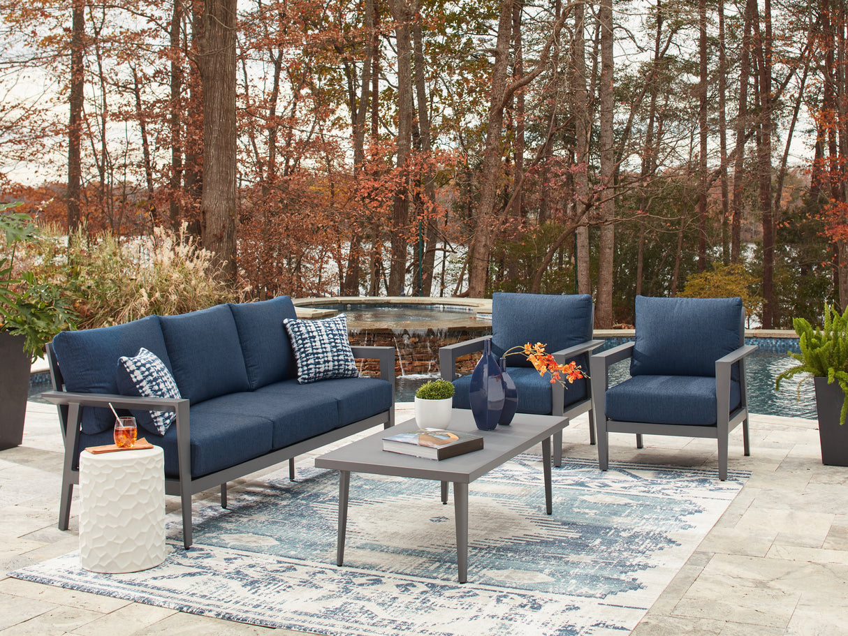 Gali Gray/Blue Outdoor Sofa/Chairs/Table Set (Set of 4) from Ashley - Luna Furniture
