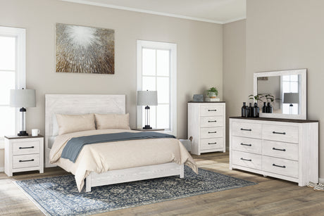 Gerridan Queen Panel Bed with Mirrored Dresser and Chest in White/Gray from Ashley - Luna Furniture