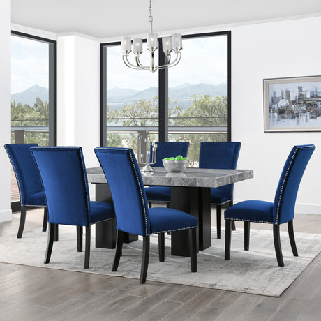 Camila Blue/Espresso 7-Piece Rectangle Gray Marble Top Dining Set from Steve Silver - Luna Furniture
