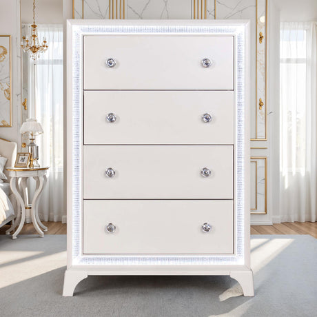 Cassie Illuminating 5-Drawer Chest, Shimmering Pearl Finish from Steve Silver - Luna Furniture