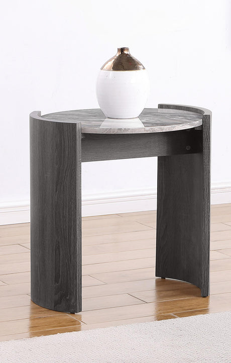 Gladstone Distressed Gray Round Faux Marble Top End Table from Coaster - Luna Furniture