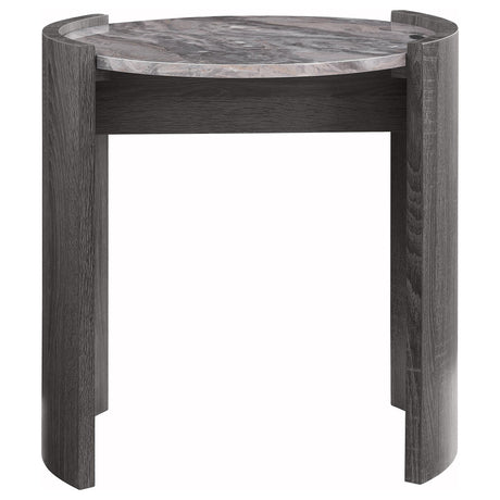 Gladstone Distressed Gray Round Faux Marble Top End Table from Coaster - Luna Furniture
